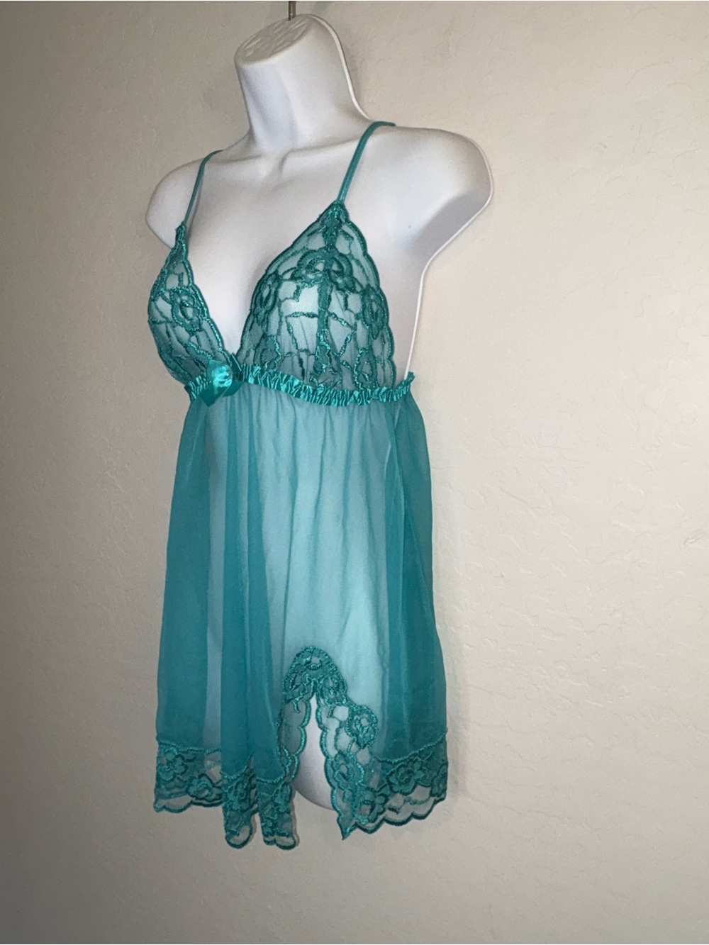 Frederick's of Hollywood Babydoll Lingerie Y2K 00's Sheer Nightie Chemise Green - Picture 3 of 9